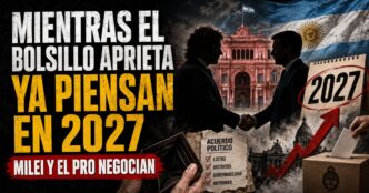 Acuerdo entre Milei y el PRO rumbo a 2027, con la Casa Rosada, un apretón de manos, urna electoral y referencias al bolsillo argentino.