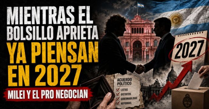 Acuerdo entre Milei y el PRO rumbo a 2027, con la Casa Rosada, un apretón de manos, urna electoral y referencias al bolsillo argentino.