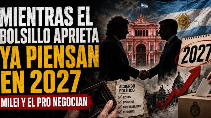 Acuerdo entre Milei y el PRO rumbo a 2027, con la Casa Rosada, un apretón de manos, urna electoral y referencias al bolsillo argentino.