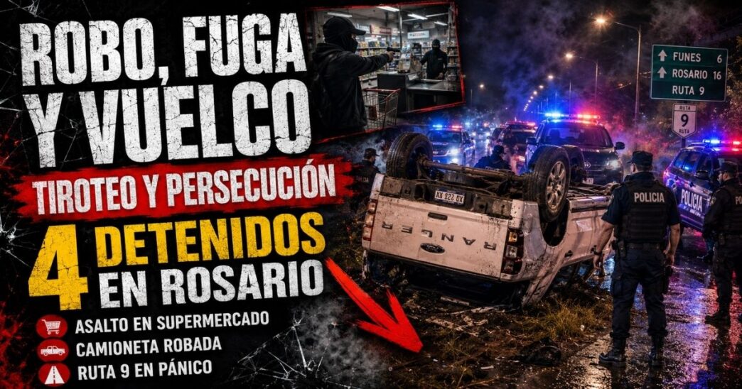 Banda armada maniató a comerciantes en Funes, robó una camioneta y volcó tras un tiroteo con la Policía en Rosario. Cuatro detenidos, incluido un chico de 13 años.
