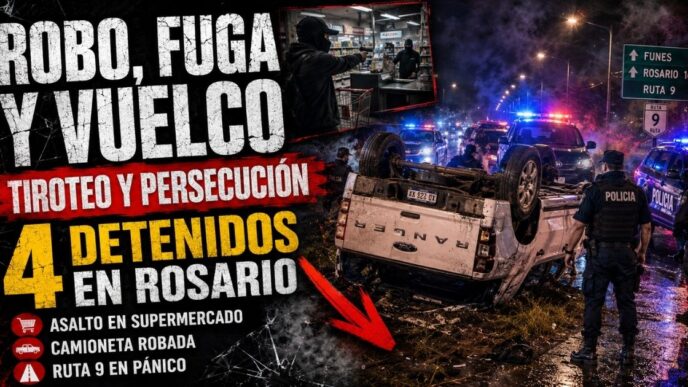 Banda armada maniató a comerciantes en Funes, robó una camioneta y volcó tras un tiroteo con la Policía en Rosario. Cuatro detenidos, incluido un chico de 13 años.