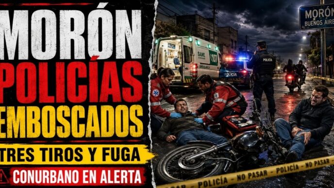Conductor en el estudio de noticias de Info del Plata Noticias presentando informe sobre los dos policías baleados en Morón y el estado crítico de uno de ellos.