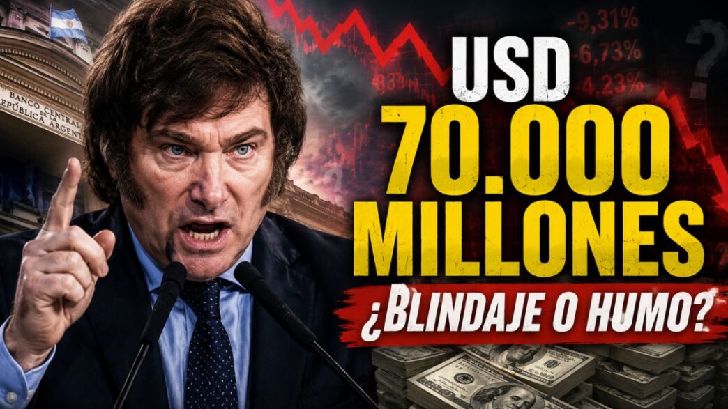 Javier Milei frente al Banco Central con dólares y gráficos en rojo por el blindaje de Milei de USD 70.000 millones