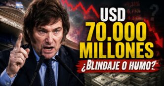 Javier Milei frente al Banco Central con dólares y gráficos en rojo por el blindaje de Milei de USD 70.000 millones