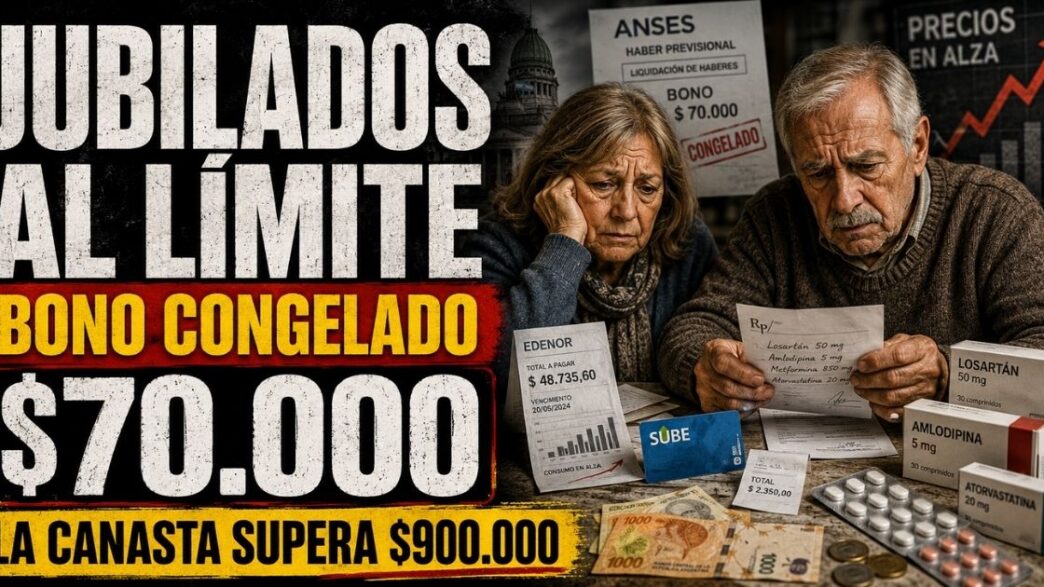 Conductor en el estudio de noticias de Info del Plata Noticias presentando informe sobre el bono congelado de $70.000 a jubilados y los aumentos de septiembre.