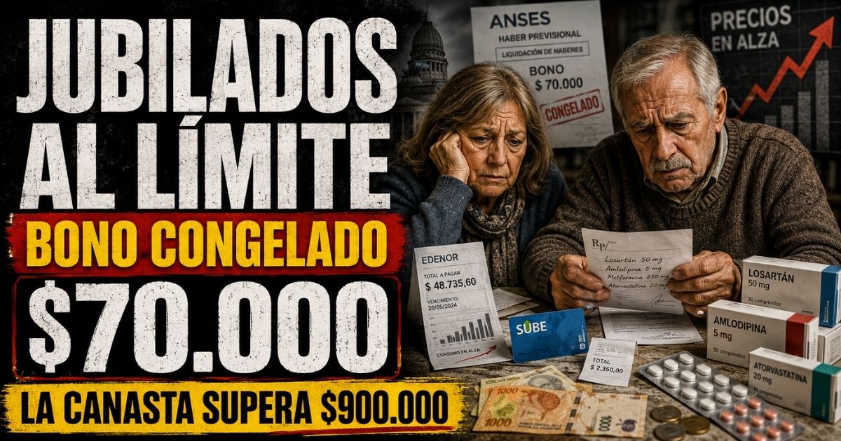 Conductor en el estudio de noticias de Info del Plata Noticias presentando informe sobre el bono congelado de $70.000 a jubilados y los aumentos de septiembre.