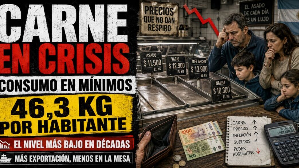 Conductor en el estudio de Info del Plata Noticias presentando el informe sobre el desplome histórico en el consumo de carne vacuna en la Argentina.