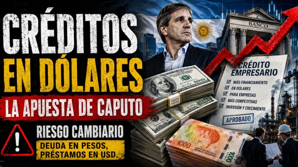 Créditos en dólares para empresas: la apuesta de Caputo, con billetes de dólares y pesos, bancos, industria y riesgo cambiario.