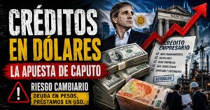 Créditos en dólares para empresas: la apuesta de Caputo, con billetes de dólares y pesos, bancos, industria y riesgo cambiario.