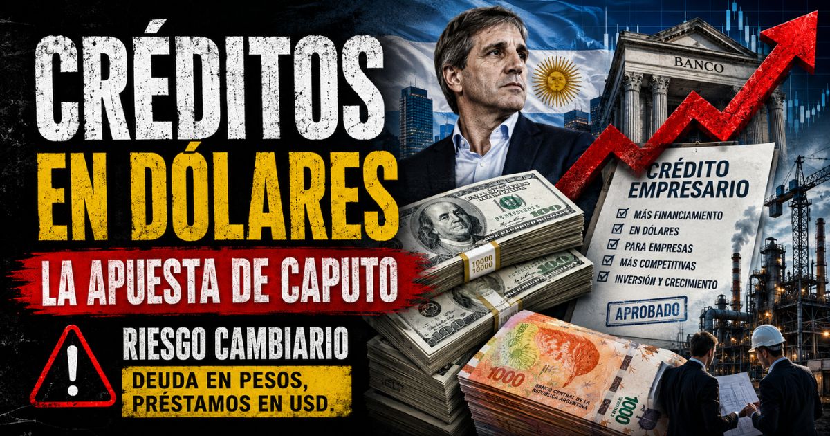 Créditos en dólares para empresas: la apuesta de Caputo, con billetes de dólares y pesos, bancos, industria y riesgo cambiario.