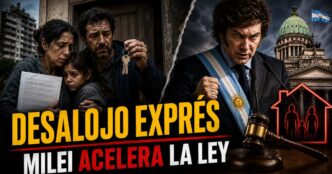Desalojo exprés de Milei: familia de inquilinos preocupada frente a una vivienda, con el Congreso y una representación política de Javier Milei.