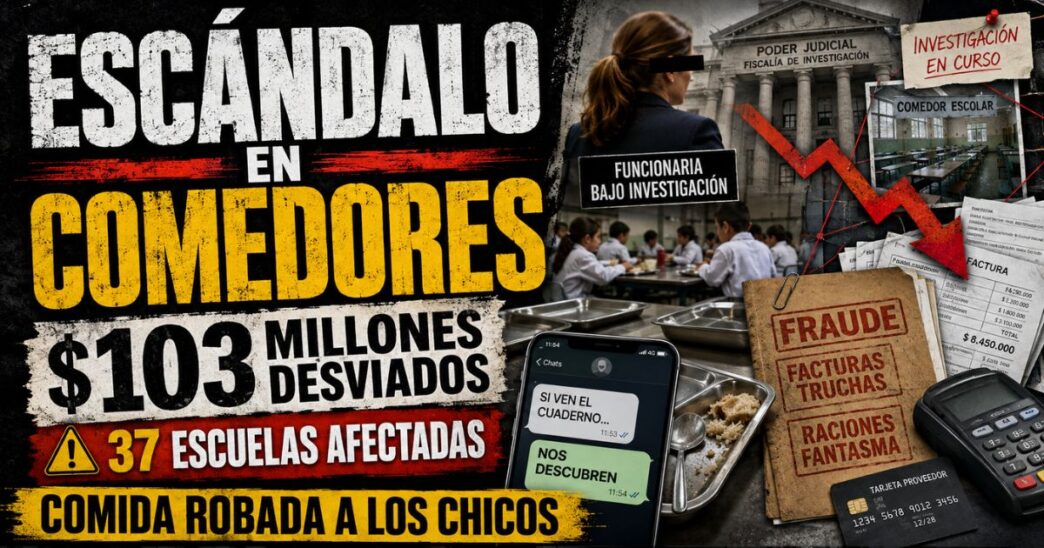Conductor en el estudio de noticias de Info del Plata Noticias presentando informe sobre la imputación a 7 personas por desviar más de 100 millones de comedores escolares.