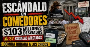 Conductor en el estudio de noticias de Info del Plata Noticias presentando informe sobre la imputación a 7 personas por desviar más de 100 millones de comedores escolares.