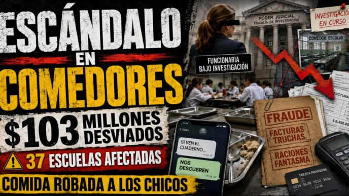 Conductor en el estudio de noticias de Info del Plata Noticias presentando informe sobre la imputación a 7 personas por desviar más de 100 millones de comedores escolares.