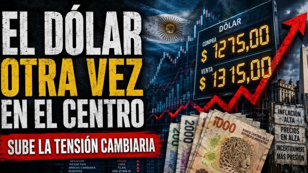 Dólar hoy en Argentina con cotización en alza, billetes de pesos, gráfico ascendente y señales de tensión cambiaria.