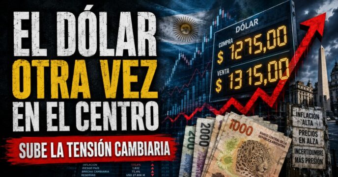Dólar hoy en Argentina con cotización en alza, billetes de pesos, gráfico ascendente y señales de tensión cambiaria.