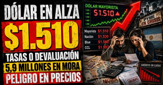 Conductor en el estudio de noticias de Info del Plata Noticias presentando informe sobre el dólar mayorista que quebró los $1.500.