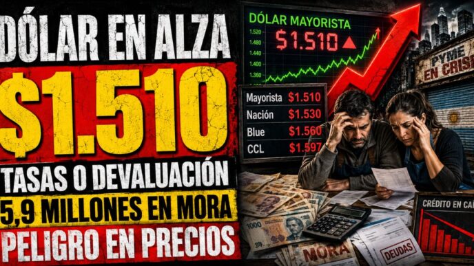 Conductor en el estudio de noticias de Info del Plata Noticias presentando informe sobre el dólar mayorista que quebró los $1.500.