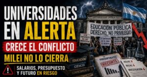 Financiamiento universitario en Argentina: protesta frente a una universidad pública por salarios, presupuesto, becas e investigación.