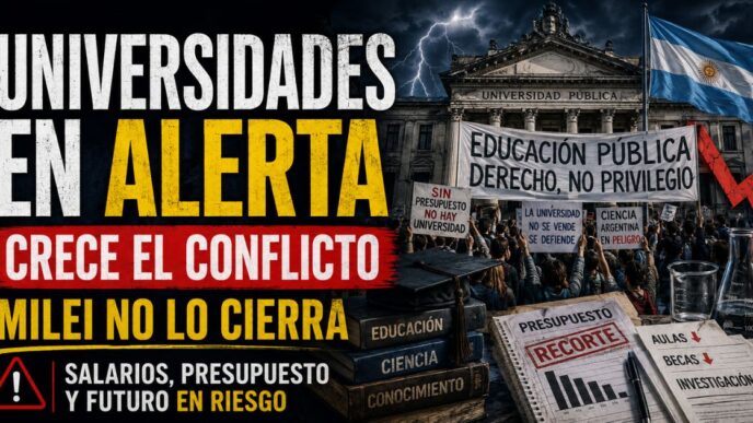 Financiamiento universitario en Argentina: protesta frente a una universidad pública por salarios, presupuesto, becas e investigación.
