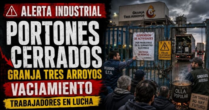 Trabajadores y delegados en el acampe frente a los portones encadenados de la fábrica en el Conurbano bonaerense.
