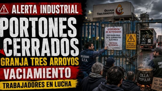 Trabajadores y delegados en el acampe frente a los portones encadenados de la fábrica en el Conurbano bonaerense.