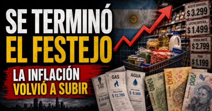 Inflación de julio de 2026 en Argentina: supermercado, tarifas, billetes y una flecha roja que muestra la suba de precios.