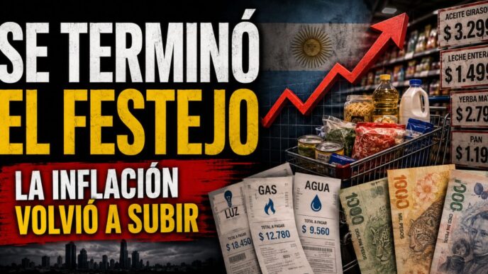 Inflación de julio de 2026 en Argentina: supermercado, tarifas, billetes y una flecha roja que muestra la suba de precios.