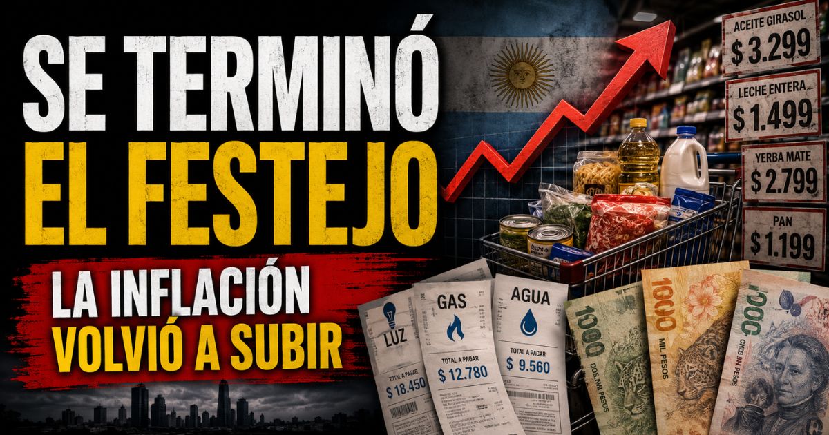 Inflación de julio de 2026 en Argentina: supermercado, tarifas, billetes y una flecha roja que muestra la suba de precios.