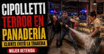 Conductor en el estudio de noticias de Info del Plata Noticias presentando informe sobre la trabajadora atacada con fuego en una panadería de Río Negro.