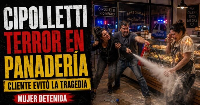 Conductor en el estudio de noticias de Info del Plata Noticias presentando informe sobre la trabajadora atacada con fuego en una panadería de Río Negro.