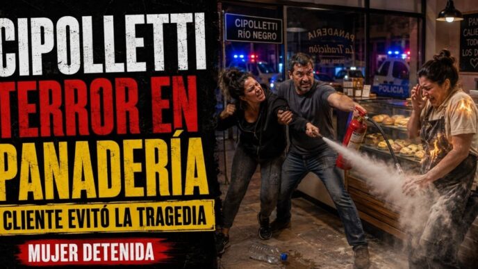 Conductor en el estudio de noticias de Info del Plata Noticias presentando informe sobre la trabajadora atacada con fuego en una panadería de Río Negro.