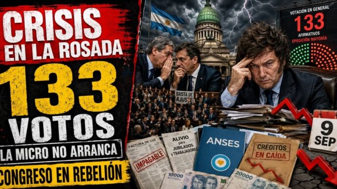 Conductor en el estudio de noticias de Info del Plata Noticias presentando informe sobre los 133 votos opositores en Diputados y la crisis legislativa del Gobierno.