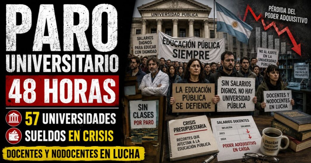 Conductor en el estudio de noticias de Info del Plata Noticias presentando informe sobre el paro nacional universitario de 48 horas en las 57 casas de altos estudios.