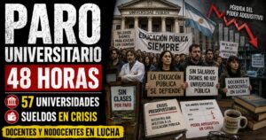 Conductor en el estudio de noticias de Info del Plata Noticias presentando informe sobre el paro nacional universitario de 48 horas en las 57 casas de altos estudios.