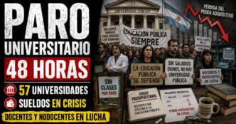 Conductor en el estudio de noticias de Info del Plata Noticias presentando informe sobre el paro nacional universitario de 48 horas en las 57 casas de altos estudios.