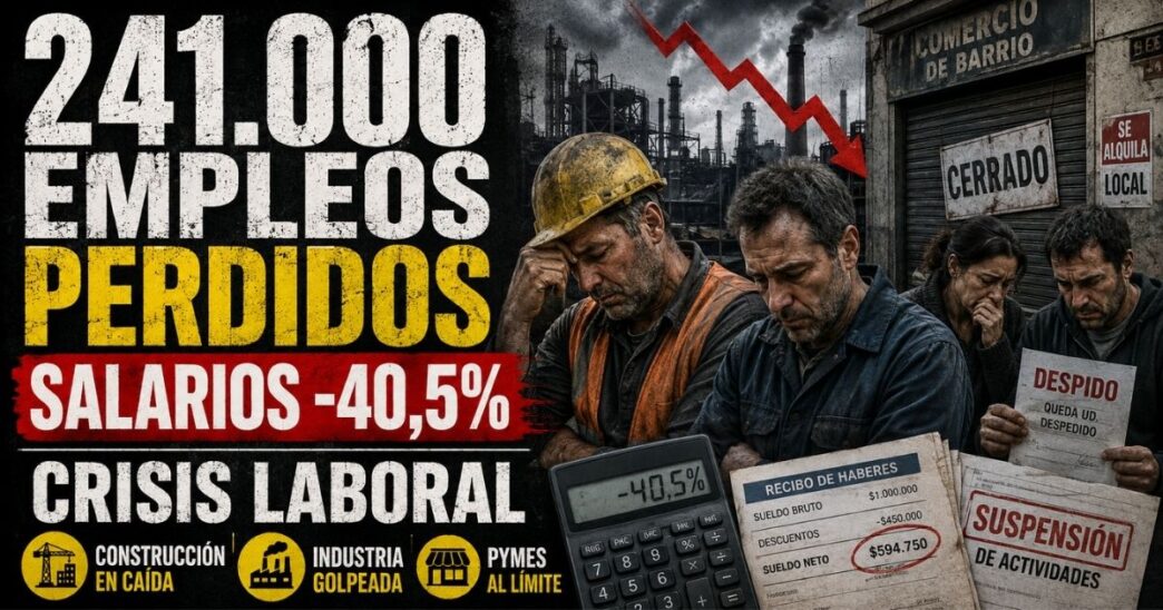 Conductor en el estudio de Info del Plata Noticias informando sobre la pérdida de 241.000 puestos de trabajo formales y la caída del 40,5% en el salario real.