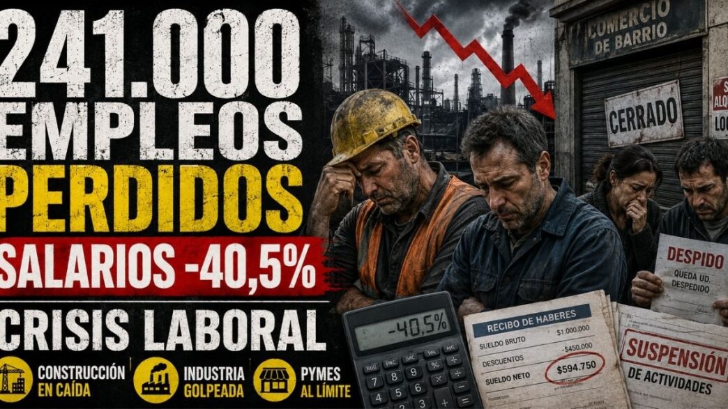 Conductor en el estudio de Info del Plata Noticias informando sobre la pérdida de 241.000 puestos de trabajo formales y la caída del 40,5% en el salario real.