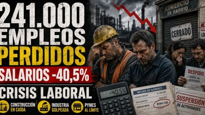Conductor en el estudio de Info del Plata Noticias informando sobre la pérdida de 241.000 puestos de trabajo formales y la caída del 40,5% en el salario real.