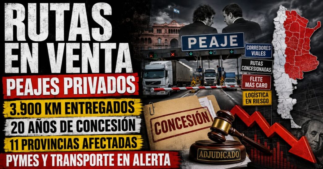 Estudio televisivo de Info del Plata Noticias con conductor presentando informe sobre la privatización de 3.900 km de rutas nacionales.