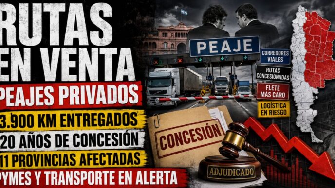 Estudio televisivo de Info del Plata Noticias con conductor presentando informe sobre la privatización de 3.900 km de rutas nacionales.