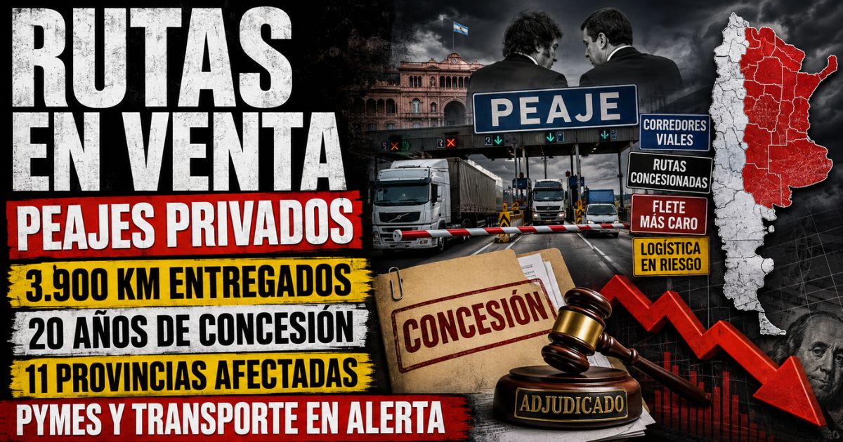 Estudio televisivo de Info del Plata Noticias con conductor presentando informe sobre la privatización de 3.900 km de rutas nacionales.