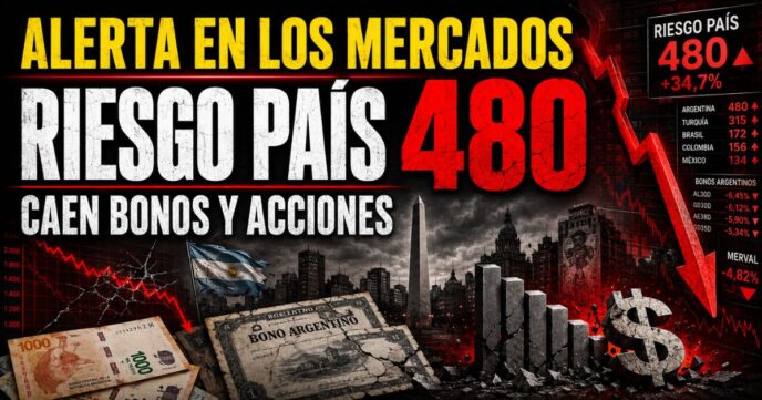 Riesgo país en Argentina en 480 puntos, caída de bonos y acciones y alerta en los mercados financieros.