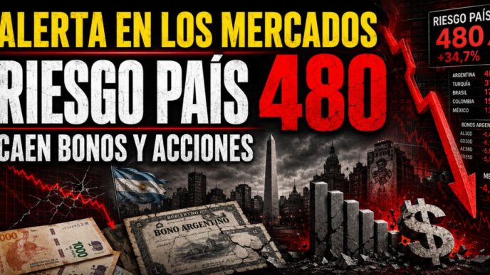 Riesgo país en Argentina en 480 puntos, caída de bonos y acciones y alerta en los mercados financieros.