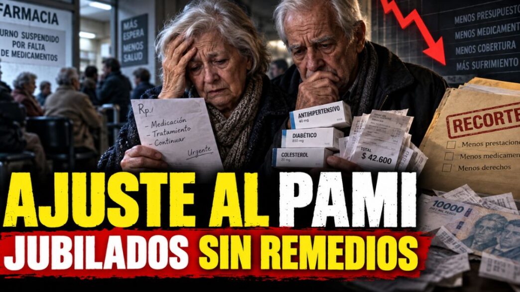 Jubilados esperando frente a una farmacia con sus recetas médicas mientras se recortan fondos al PAMI.