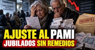 Jubilados esperando frente a una farmacia con sus recetas médicas mientras se recortan fondos al PAMI.