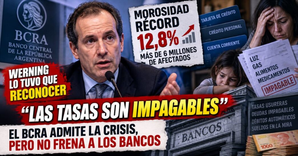 Conductor en el estudio de noticias de Info del Plata Noticias presentando informe sobre la confesión del Banco Central ante la mora récord y las tasas usureras.