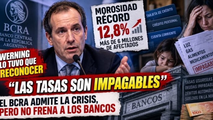 Conductor en el estudio de noticias de Info del Plata Noticias presentando informe sobre la confesión del Banco Central ante la mora récord y las tasas usureras.