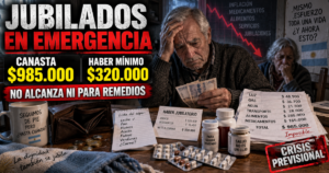 Un jubilado argentino contando monedas frente a una receta médica y una boleta de servicios en una mesa de cocina.