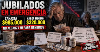 Un jubilado argentino contando monedas frente a una receta médica y una boleta de servicios en una mesa de cocina.
